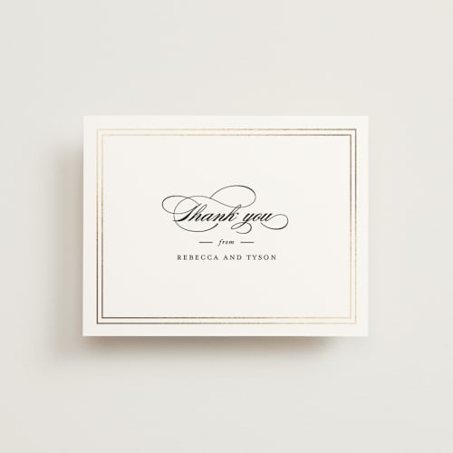 This is a gold wedding thank you cards with foil pressed by Kimberly FitzSimons called eloquence printing on signature in standard