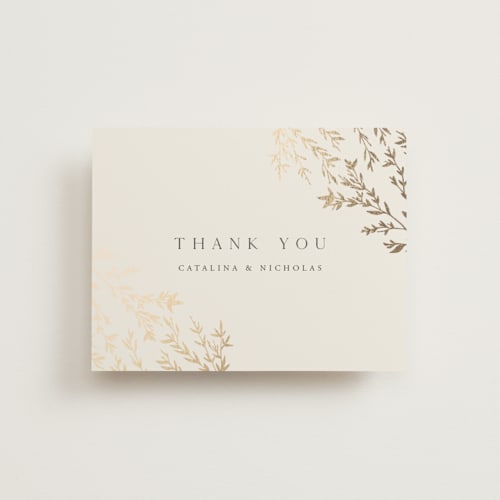 This is a ivory wedding thank you cards with foil pressed by Carolyn Nicks called swoon printing on signature in standard