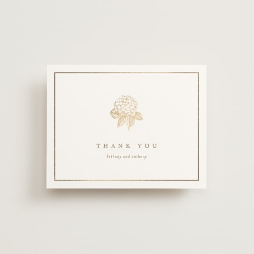 This is a cotton wedding thank you cards with foil pressed by Stacey Meacham called hydrangea bloom printing on signature in standard