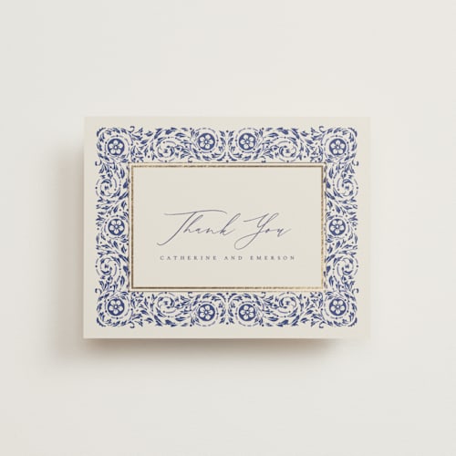 This is a dynasty blue wedding thank you cards with foil pressed by Ana de Sousa called tiled romance printing on signature in standard