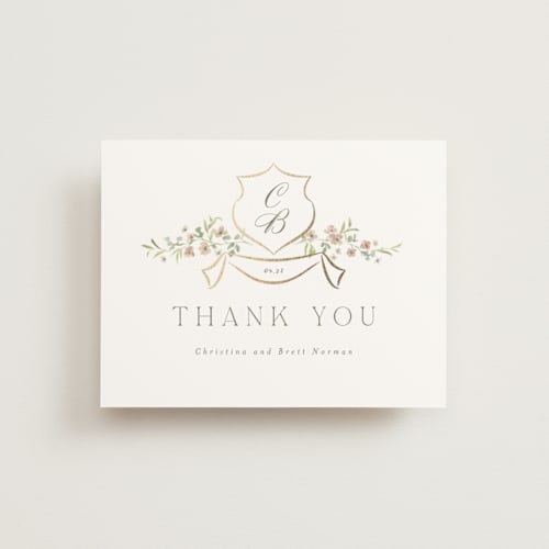 This is a blush wedding thank you cards with foil pressed by Everett Paper Goods called posy printing on signature in standard