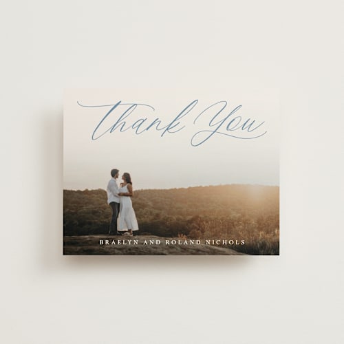 This is a navy thank you postcards by Hooray Creative called modern romance printing on signature in postcard