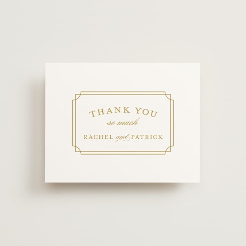This is a gold thank you postcards by Sarah Brown called luxe border printing on signature in postcard