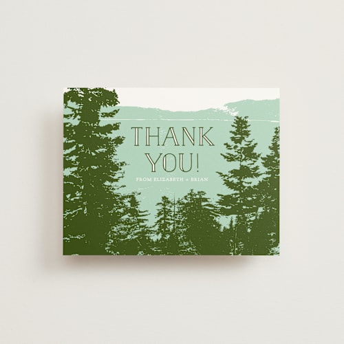 This is a pine green thank you postcards by Ariel Rutland called mountain view printing on signature in postcard