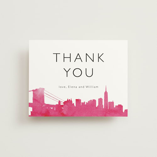 This is a magenta thank you postcards by Laura Condouris called skyline - new york printing on signature in postcard