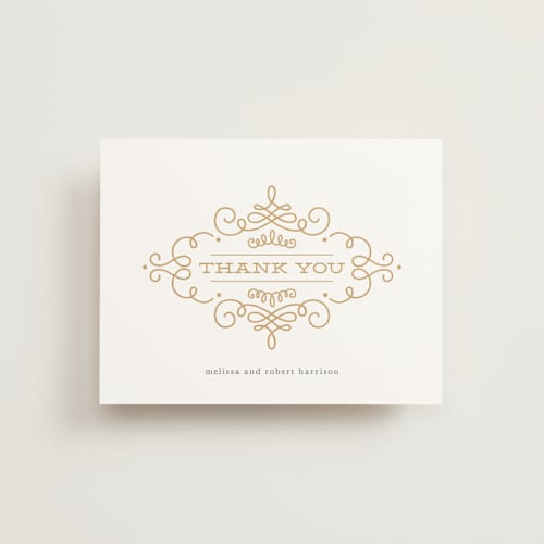 This is a faux gold thank you postcards by Kristen Smith called ornate monogram printing on signature in postcard
