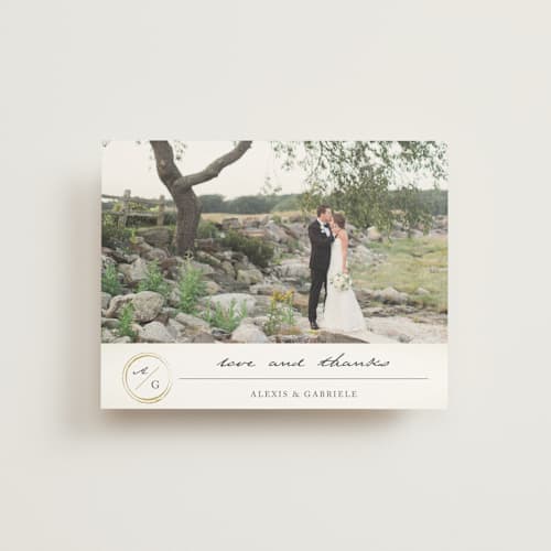 This is a antique white thank you postcards by fatfatin called monogram circle stamp printing on signature in postcard