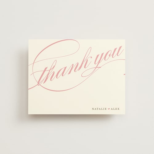 This is a petal pink thank you postcards by Annie Clark called winter flourish printing on signature in postcard