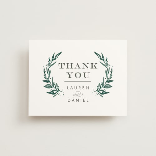 This is a forest green thank you postcards by Alethea and Ruth called elegant crest printing on signature in postcard