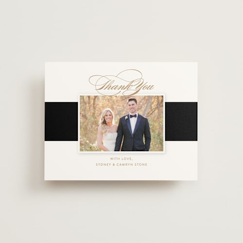 This is a black tie thank you postcards by Jill Means called fashion district printing on signature in postcard