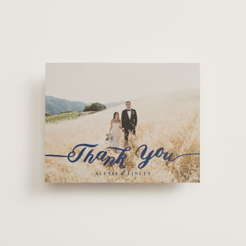 This is a navy thank you postcards by Shannon Chen of Four Wet Feet Studio called love printing on signature in postcard