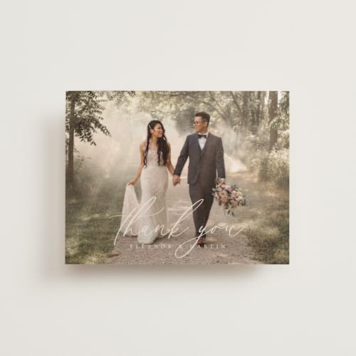 This is a linen thank you postcards with standard by Kelly Schmidt called corner printing on signature in postcard