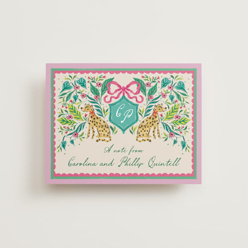 This is a peony thank you postcards by Jackie Crawford called whimsical hand illustrated crest printing on signature in postcard