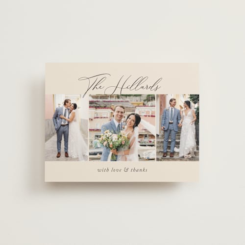 This is a mocha thank you postcards with standard by Jennifer Postorino called love story printing on signature in postcard