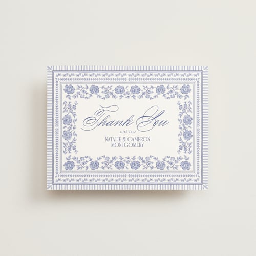 This is a cerulean wedding thank you cards with standard by Jenna Holcomb called embroidered printing on strathmore in standard