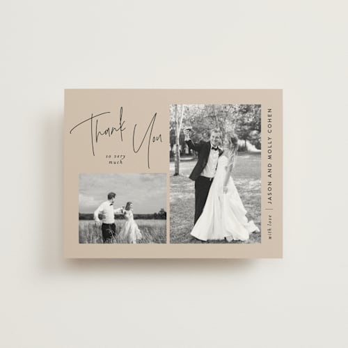 This is a sand wedding thank you cards with standard by JoAnn Jinks called signature frames printing on strathmore in standard