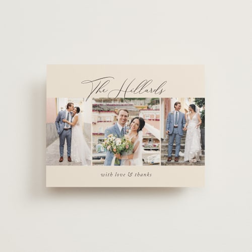 This is a mocha wedding thank you cards with standard by Jennifer Postorino called love story printing on strathmore in standard