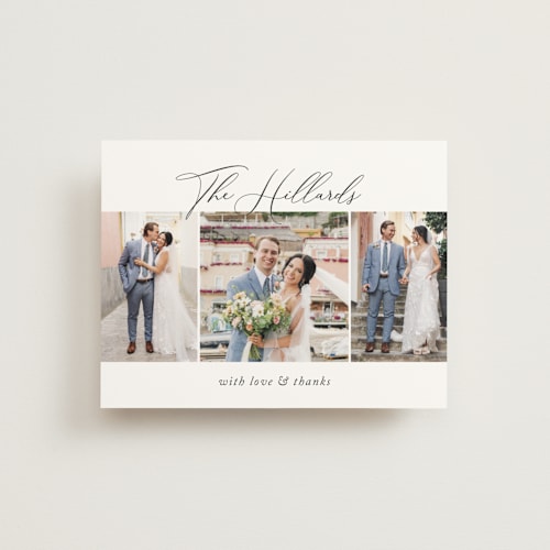 This is a soft black wedding thank you cards with standard by Jennifer Postorino called love story printing on strathmore in standard