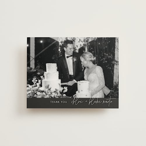 This is a charcoal wedding thank you cards with standard by Kelly Schmidt called overlap printing on strathmore in standard