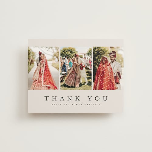 This is a sand wedding thank you cards with standard by Nicole Walsh called elegant trio printing on strathmore in standard