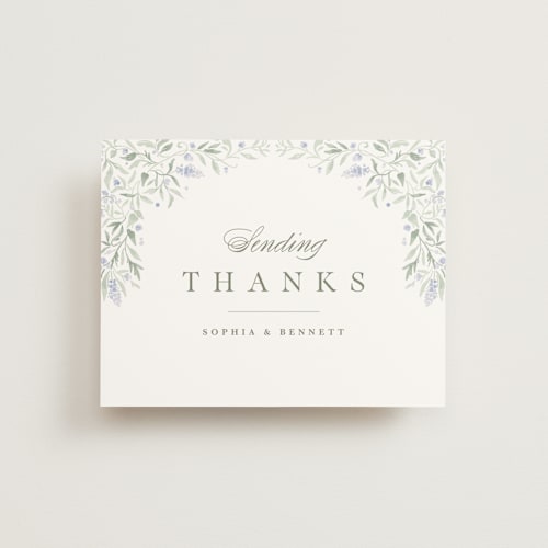 This is a periwinkle wedding thank you cards with standard by Kristen Smith called delicate vines printing on strathmore in standard