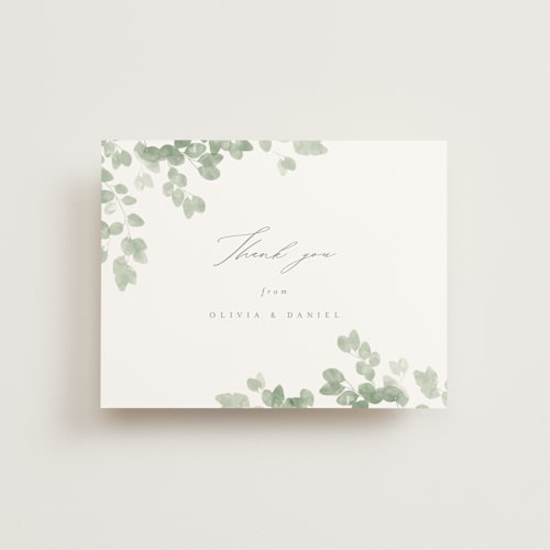 This is a eucalyptus wedding thank you cards with standard by Kristie Kern called vining printing on strathmore in standard