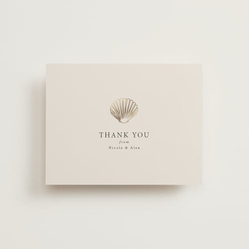 This is a sand wedding thank you cards with foil pressed by Hannah Bowman called simple seashell printing on strathmore in standard