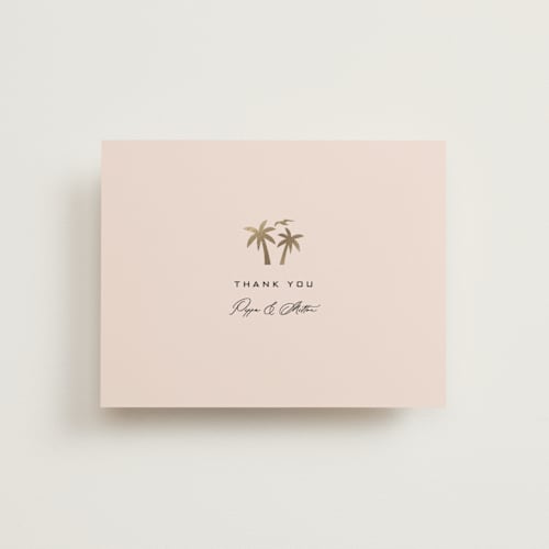 This is a blush wedding thank you cards with foil pressed by Laura Hamm called tropical getaway printing on strathmore in standard