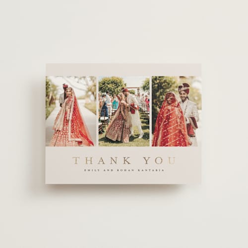 This is a sand wedding thank you cards with foil pressed by Nicole Walsh called elegant trio printing on strathmore in standard