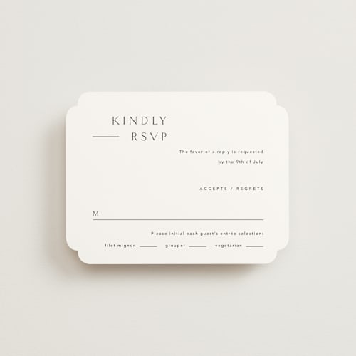 This is a simply white rsvp cards with standard by Jennifer Postorino called rhythmic printing on signature in standard