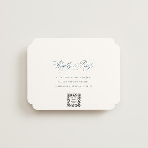This is a dusty blue rsvp cards with standard by Jennifer Postorino called empire printing on signature in standard