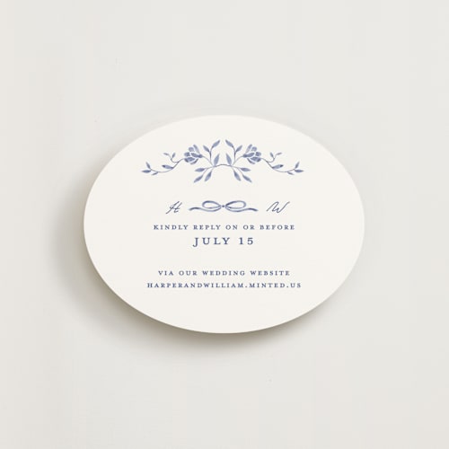 This is a blue willow rsvp cards with standard by Susan Zinader called daisy toile printing on signature in standard