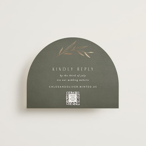 This is a moss rsvp cards with foil pressed by Kelly Schmidt called botanical arches printing on signature in standard