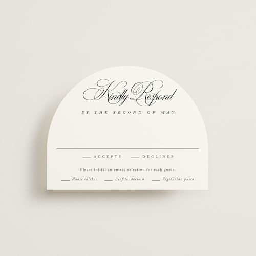 This is a silk rsvp cards with standard by Kelly Schmidt called chic script printing on signature in standard