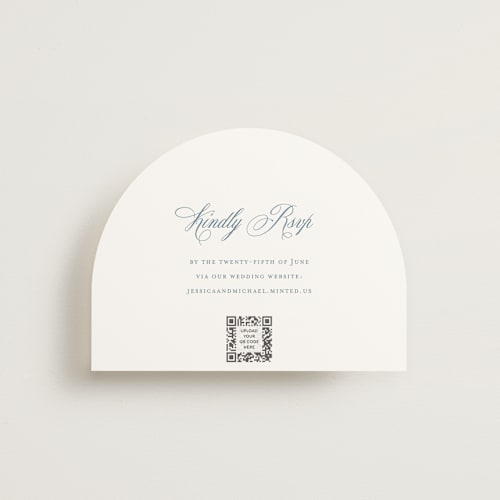 This is a dusty blue rsvp cards with standard by Jennifer Postorino called empire printing on signature in standard