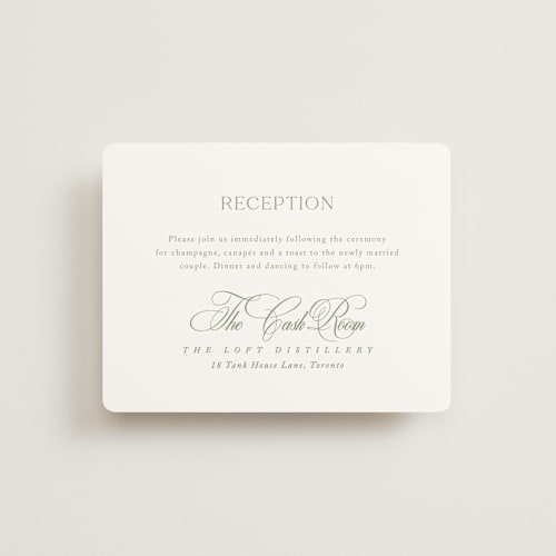 This is a garden reception cards with standard by Kelly Schmidt called chic script printing on signature in standard
