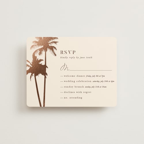 This is a coral rsvp cards with foil pressed by lulu and isabelle called sunset by the sea printing on signature in standard