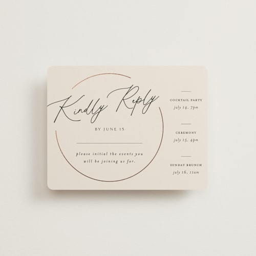 This is a taupe rsvp cards with foil pressed by Kelly Schmidt called encircled love printing on signature in standard