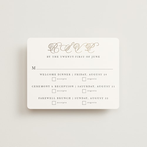 This is a snow rsvp cards with foil pressed by Sarah Brown called traditionalist printing on signature in standard
