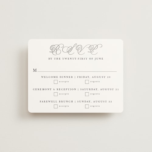 This is a navy rsvp cards with foil pressed by Sarah Brown called traditionalist printing on signature in standard