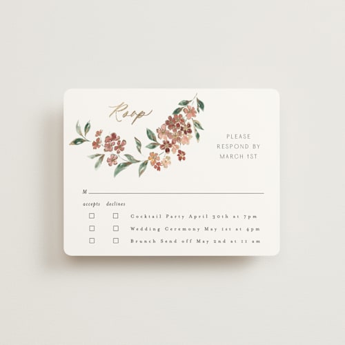 This is a dusty rose rsvp cards with foil pressed by Itsy Belle Studio called sweeping vine printing on signature in standard