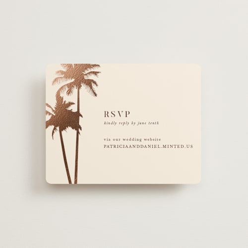 This is a coral rsvp cards with foil pressed by lulu and isabelle called sunset by the sea printing on signature in standard