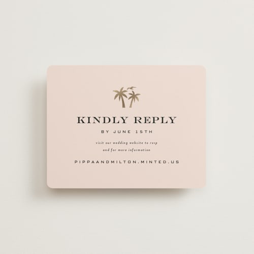 This is a blush rsvp cards with foil pressed by Laura Hamm called tropical getaway printing on signature in standard