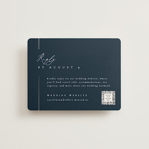 This is a navy rsvp cards with foil pressed by Kelly Schmidt called london printing on signature in standard