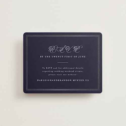 This is a navy rsvp cards with foil pressed by Sarah Brown called traditionalist printing on signature in standard