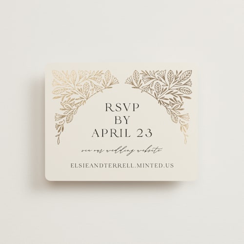 This is a cream rsvp cards with foil pressed by Jen Owens called baroque printing on signature in standard