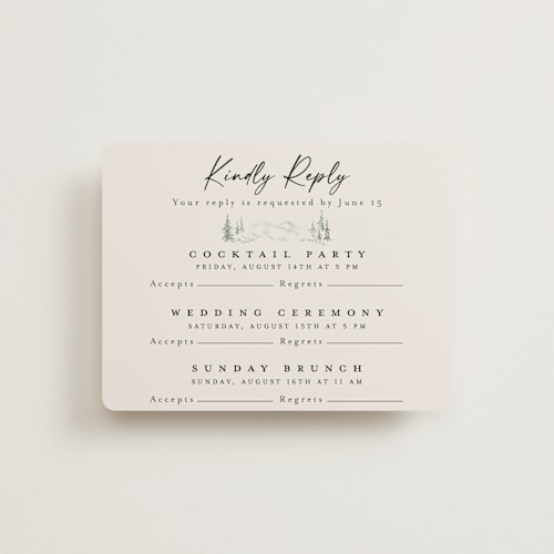 This is a forest rsvp cards with standard by Petra Kern called paradise printing on signature in standard