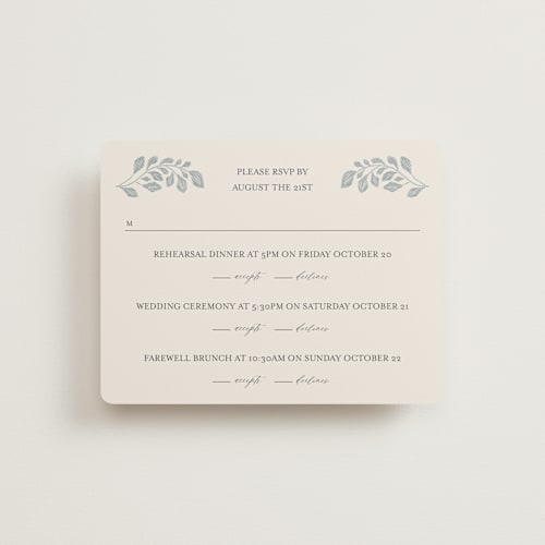 This is a dusty blue rsvp cards with standard by Jen Owens called embroidered printing on signature in standard