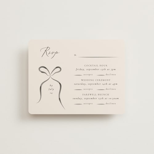 This is a tuxedo rsvp cards with standard by Corinne Malesic called bow printing on signature in standard