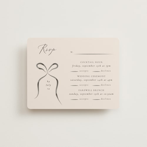 This is a tuxedo rsvp cards with standard by Corinne Malesic called bow printing on signature in standard